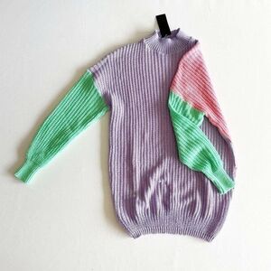 NEW ASOS Womens Sweater XS Color Block Knit Pullover Purple Pink Baggy Cableknit